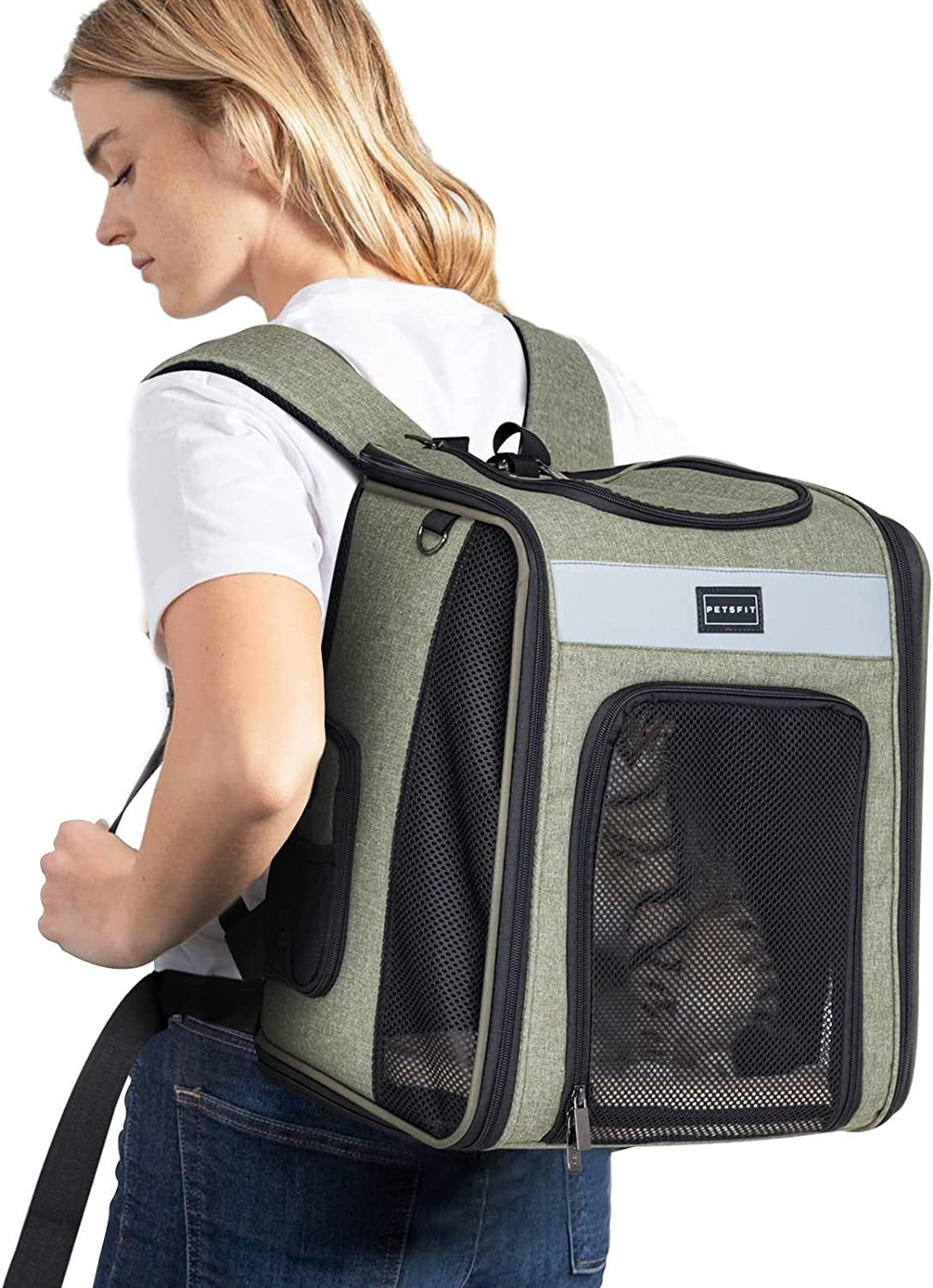 Cat Backpack Carrier with Soft Plush Mat, Cross Ventilation Design, Dog Backpack Easy Fit for Travel Camping Hiking, Hold Pets up to 22 Lbs