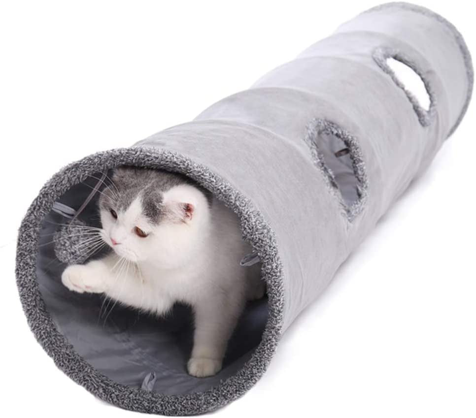 Collapsible Cat Tunnel,Durable Suede Pet Toys Play Tunnel with Ball and Hole,For Cats,Rabbits,Kittens,Puppy and Small Pets (Grey 51X12Inch)