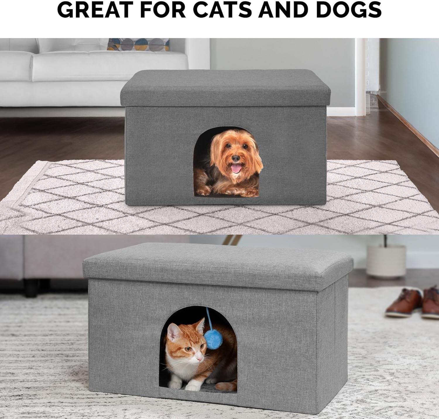 Pet House for Indoor Cats & Medium/Small Dogs, Collapsible & Foldable W/ Plush Ball Toy - Living Room Ottoman Cat Condo - Stormy Gray, Large