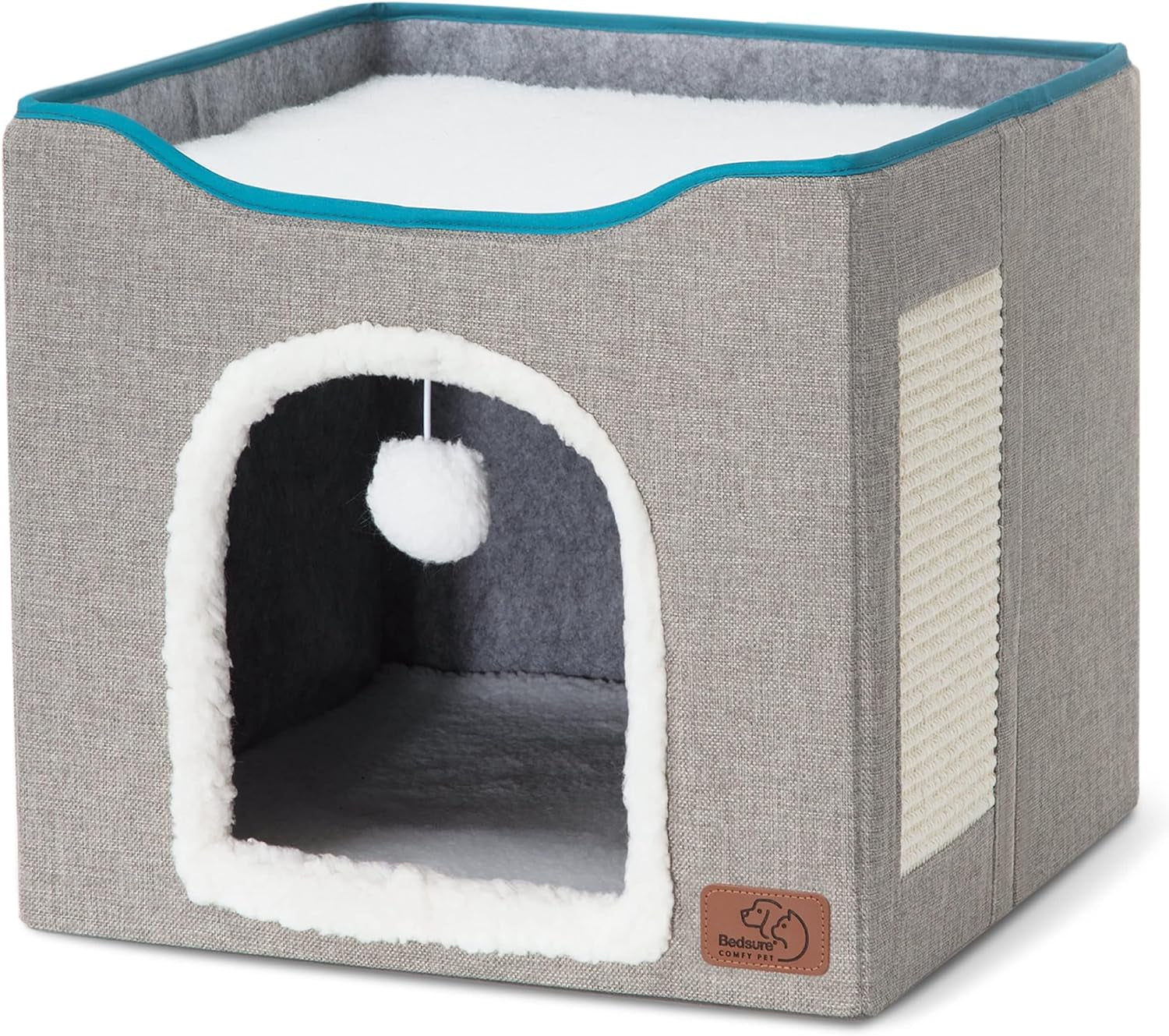 Cat Beds for Indoor Cats - Large Cat Cave for Pet Cat House with Fluffy Ball Hanging and Scratch Pad, Foldable Cat Hideaway,16.5X16.5X13 Inches, Grey