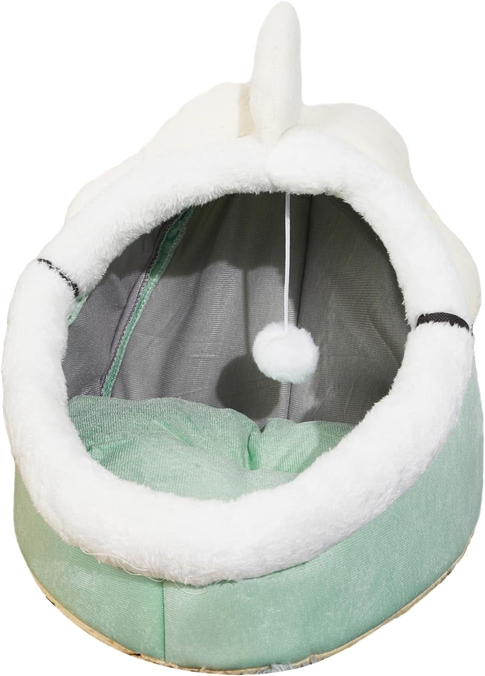 Indoor Cat Bed Cave with Removable Cushion - Pet Plush Warm Tent House Cartoon Rabbit Ear Design Pet Bed with Pompom for Cats Dogs Kitten Puppy and Rabbit Green L