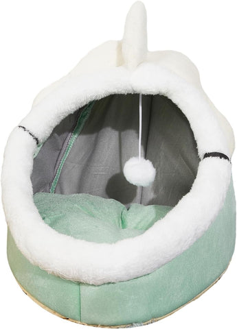 Indoor Cat Bed Cave with Removable Cushion - Pet Plush Warm Tent House Cartoon Rabbit Ear Design Pet Bed with Pompom for Cats Dogs Kitten Puppy and Rabbit Green L