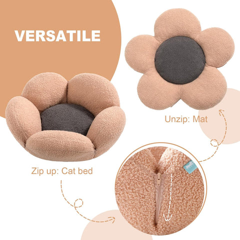 23" X23" X8" Flower Shape Plush Cat Bed, 2 In1 Versatile round Pet Mat, Small Cat Dog Bed,Antiskid Bottom, Beige