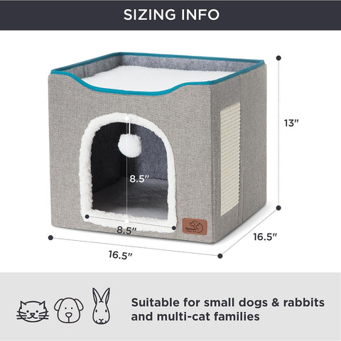 Cat Beds for Indoor Cats - Large Cat Cave for Pet Cat House with Fluffy Ball Hanging and Scratch Pad, Foldable Cat Hideaway,16.5X16.5X13 Inches, Grey