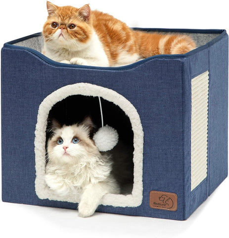 Cat Beds for Indoor Cats - Large Cat Cave for Pet Cat House with Fluffy Ball Hanging and Scratch Pad, Foldable Cat Hideaway,16.5X16.5X13 Inches, Grey