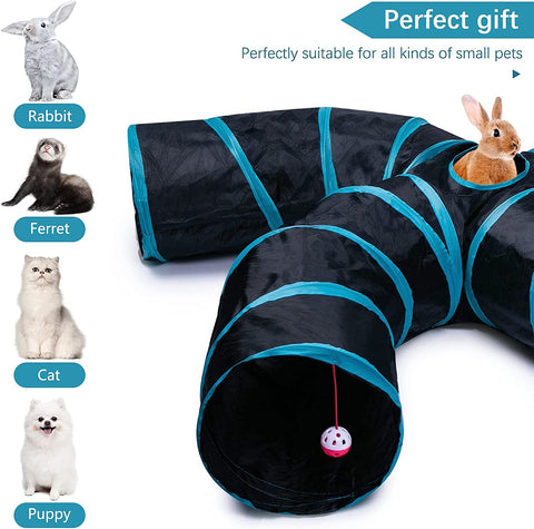 Cat Tunnel, 4 Way S Shape Collapsible Tube with Interactive Ball & Storage Bag, Pet Toys for Small Pets, Cat, Puppy, Kitty, Kitten, Rabbit (Black & Blue)