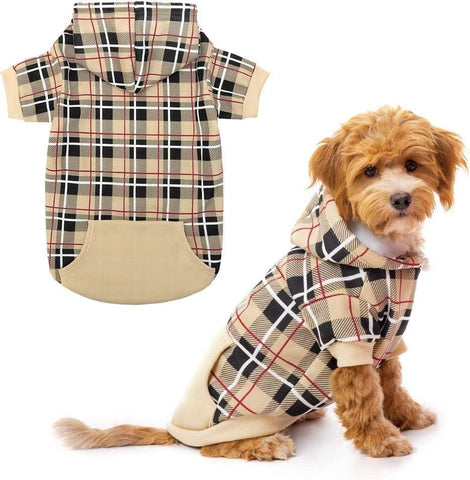 Plaid Dog Hoodie - British Style Soft and Warm Dog Sweater with Leash Hole, Hooded Cold Weather Clothes, Dog Sweatshirt, Outfits, Winter Coat for Small Medium Large Dogs