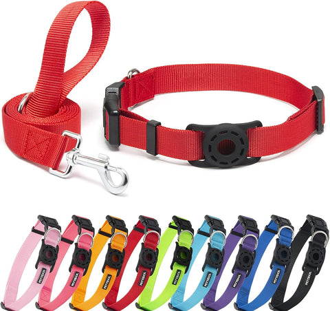 Nylon Dog Collar with Safety Locking Buckle, Adjustable Pet Collars and Leash Set with Airtag Dog Collar Holder for Small Medium Large Dogs