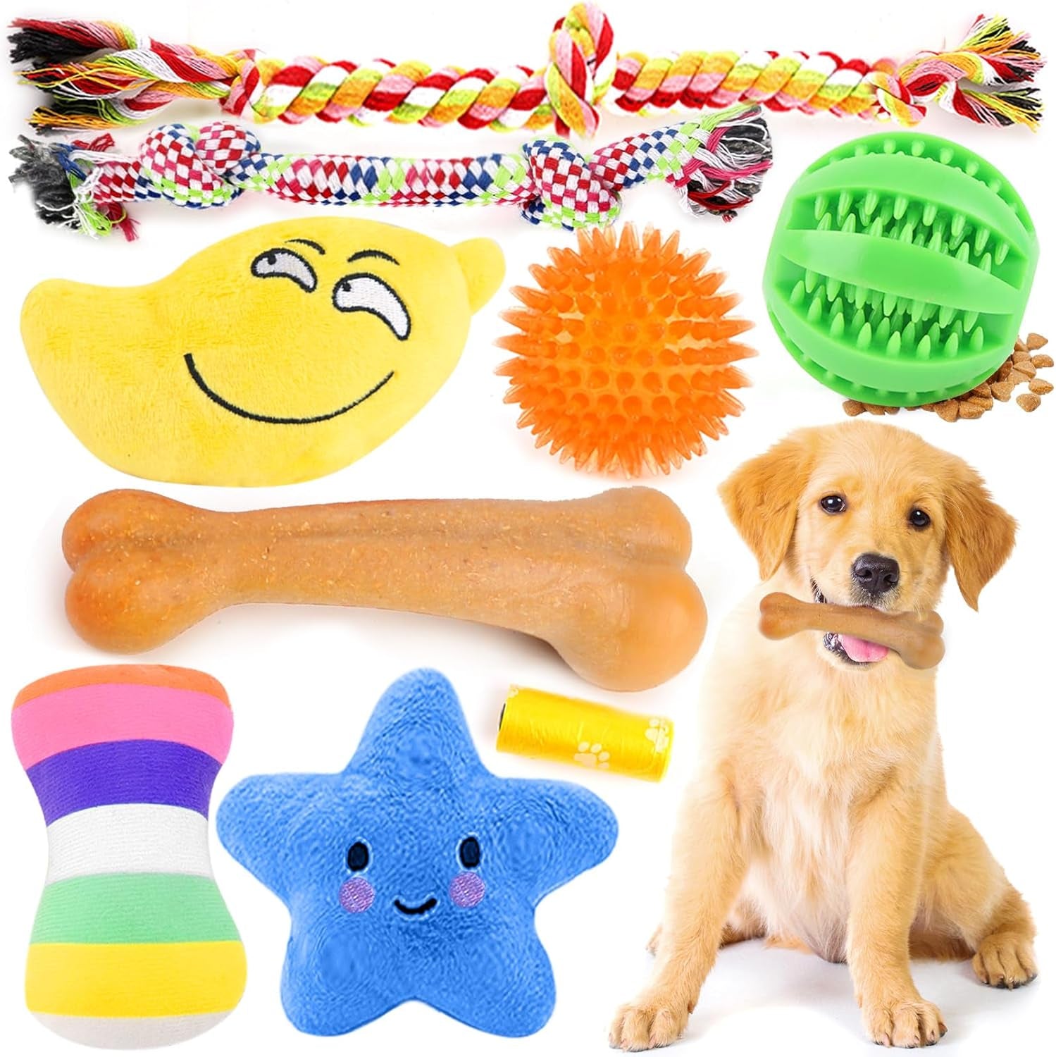 9 Pack Dog Toys, Luxury Puppy Chew Toys for Teething, Cotton Squeaky Plush Toys for Small Dogs, Durable Interactive Treat Dog Ball and Bones, Rubber Rope Toys for Puppies Chewer Cleaning