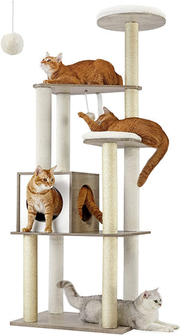 Woodywonders Cat Tree, 65-Inch Modern Cat Tower for Indoor Cats, Multi-Level Cat Condo with 5 Scratching Posts, Perch, Washable Removable Cushions, Cat Furniture, Rustic Brown UPCT166X01