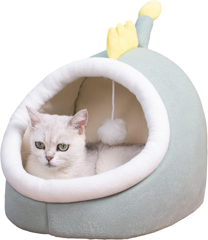 Indoor Cat Bed Cave with Removable Cushion - Pet Plush Warm Tent House Cartoon Rabbit Ear Design Pet Bed with Pompom for Cats Dogs Kitten Puppy and Rabbit Green L