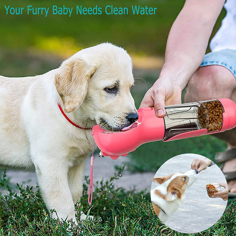 Dog Water Bottle - 10Oz Portable Dog Water Bottle Leak-Proof Dog Drinking Machine with Food Container and Garbage Bag Suitable for Pet Outdoor Dog Accessories（Pink）