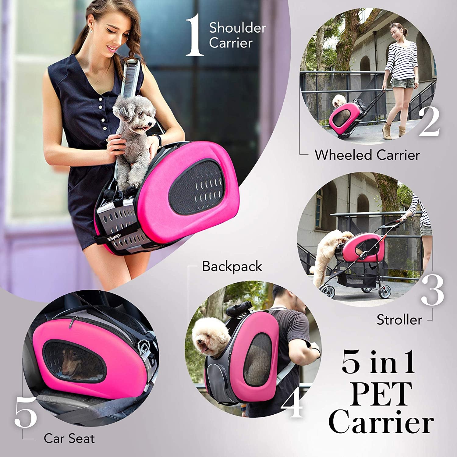 - Compact 5-In-1 Convertible and Foldable Small Pet Carrier and Stroller - Multifunctional Combo System Cat Stroller and Dog Stroller - Pets up to 16 Pounds - Pink