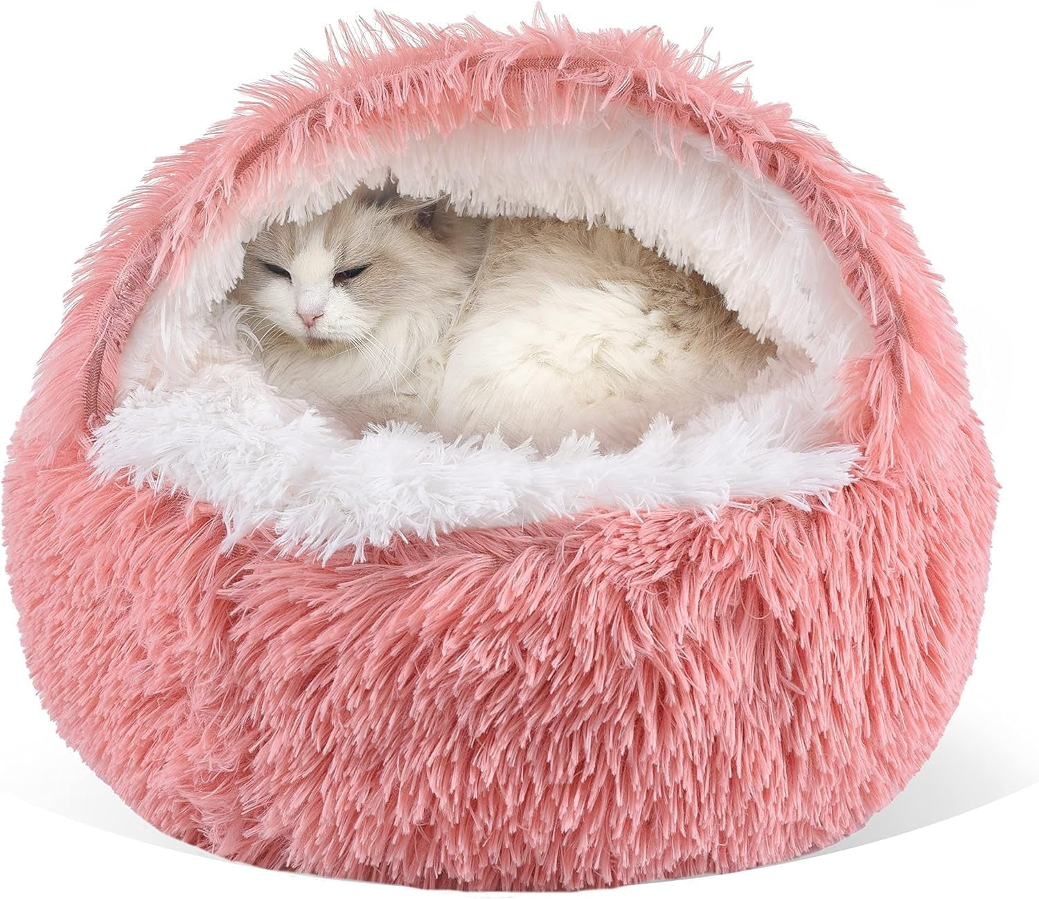 Cat Bed round Fluffy Hooded Cat Bed Cave with Non-Collapsed Plush Cover,Cat Bed Donut for Indoor Cats,Calming Dog Beds&Cat,Anti-Slip&Waterproof Bottom,Washable Bed,20Inch,Grey