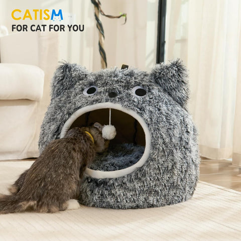 Cat Bed, Cat Beds for Indoor Cats Washable, Cute Warm Cat Cave, Large Cat & Dog Bed Cave, Cozy Plush Hooded Cat Bed with Soft Cushion, White (20 * 20 * 16 Inches)