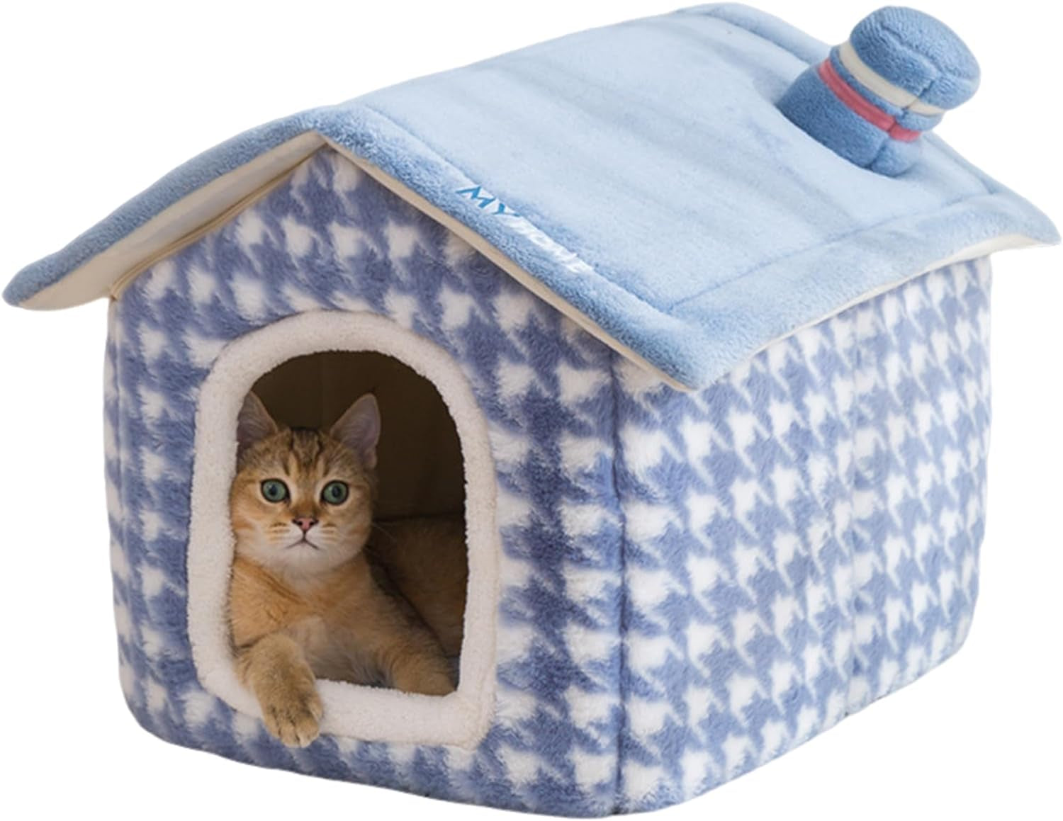 Cat House for Cats, Chimney Cat Houses for Indoor Cats, Enough Interior Space,Pet Bed for Puppy and Kitty, Extra Soft & Machine Washable with Anti-Slip, Cartoon Cute Chimney Cat House Blue L