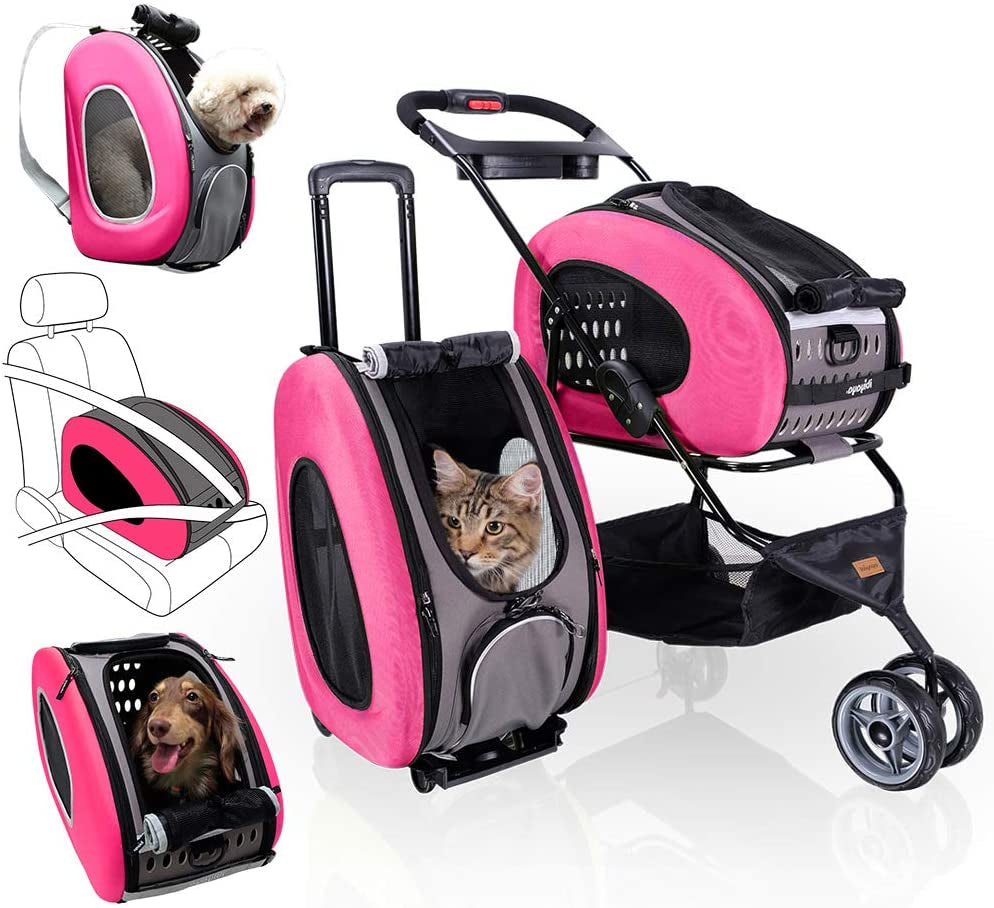 - Compact 5-In-1 Convertible and Foldable Small Pet Carrier and Stroller - Multifunctional Combo System Cat Stroller and Dog Stroller - Pets up to 16 Pounds - Pink