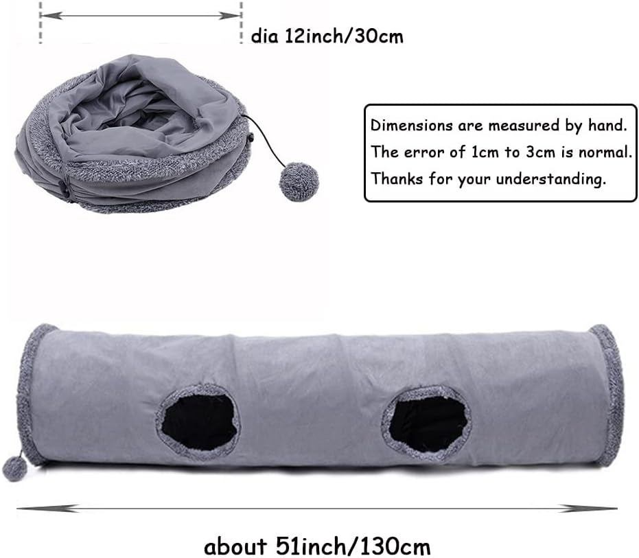 Collapsible Cat Tunnel,Durable Suede Pet Toys Play Tunnel with Ball and Hole,For Cats,Rabbits,Kittens,Puppy and Small Pets (Grey 51X12Inch)