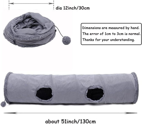 Collapsible Cat Tunnel,Durable Suede Pet Toys Play Tunnel with Ball and Hole,For Cats,Rabbits,Kittens,Puppy and Small Pets (Grey 51X12Inch)