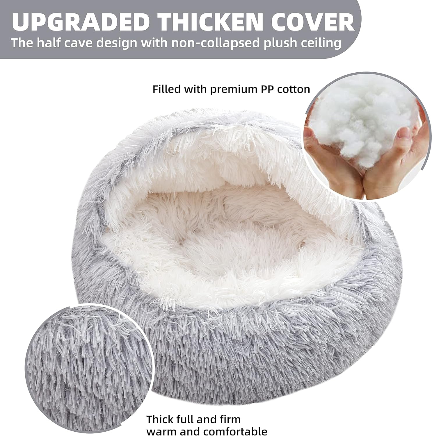 Cat Bed round Fluffy Hooded Cat Bed Cave with Non-Collapsed Plush Cover,Cat Bed Donut for Indoor Cats,Calming Dog Beds&Cat,Anti-Slip&Waterproof Bottom,Washable Bed,20Inch,Grey