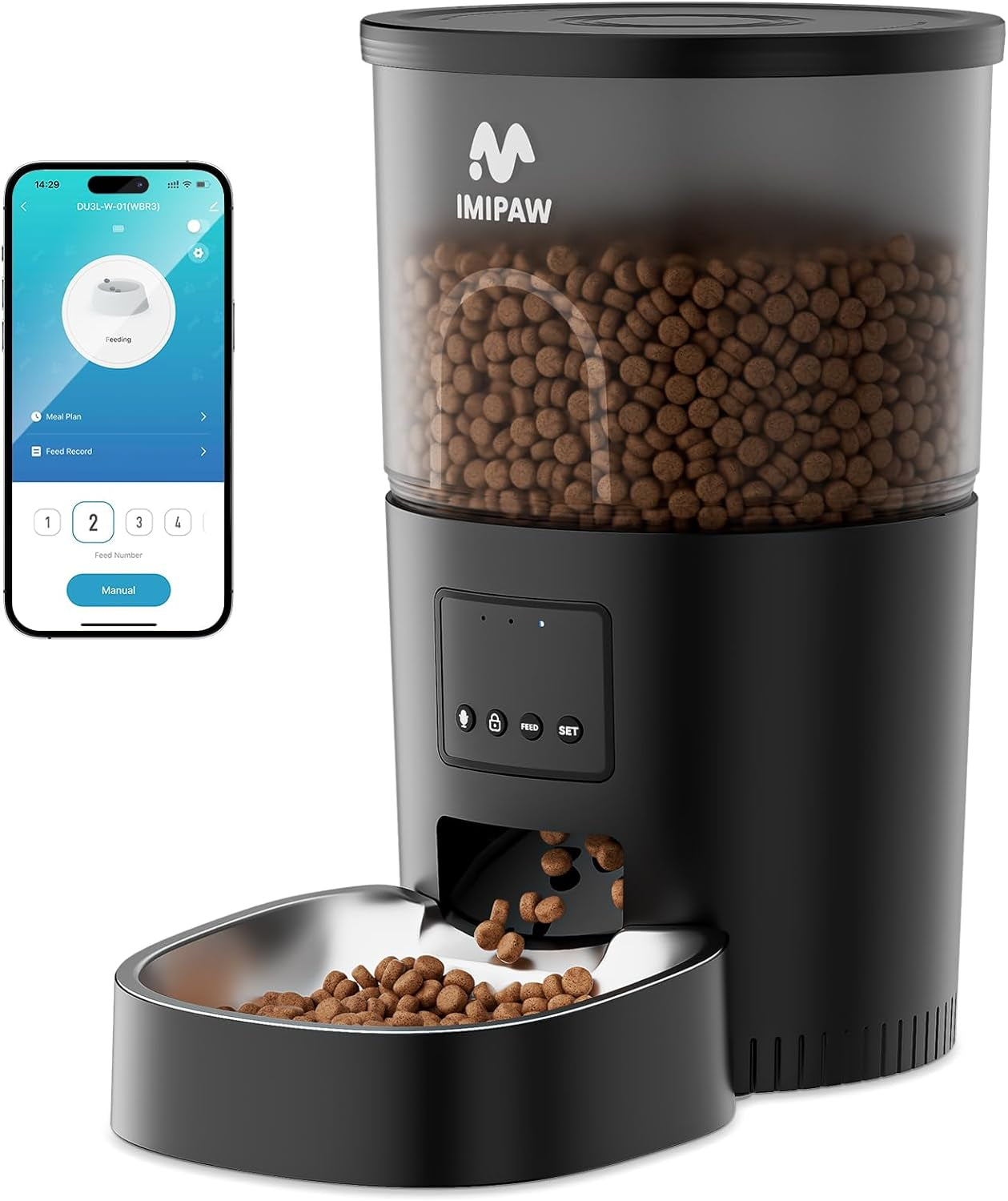 Automatic Cat Food Dispenser, Wifi Cat Feeder with APP Control for Pet Dry Food, Timed Pet Feeder Programmable with 10S Meal Call, Dual Power Supply, Slow Feeder for Cats & Small Dogs, Black