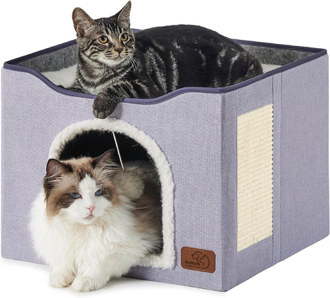 Cat Beds for Indoor Cats - Large Cat Cave for Pet Cat House with Fluffy Ball Hanging and Scratch Pad, Foldable Cat Hideaway,16.5X16.5X13 Inches, Grey