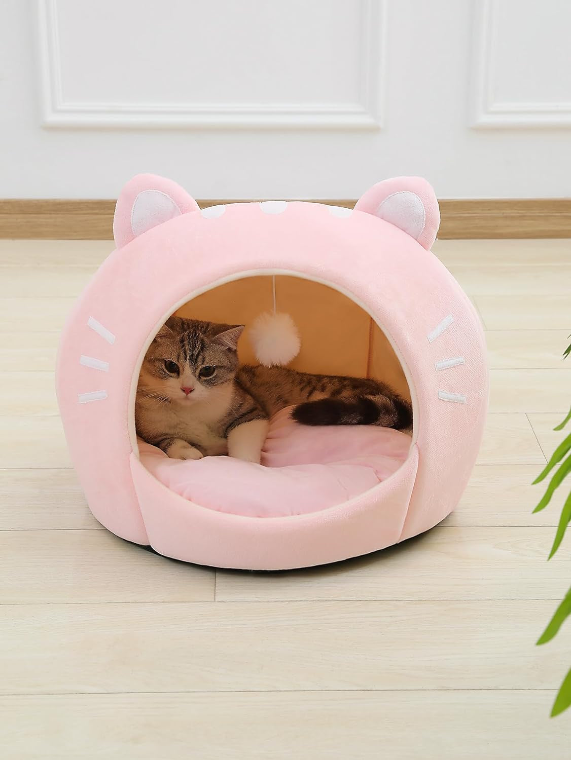 Indoor Cat Bed Cave with Removable Cushion - Pet Plush Tent House Cartoon Ear Design Pet Bed with Pompom for Cats Kitten Dogs Puppy and Rabbit Pink and White L