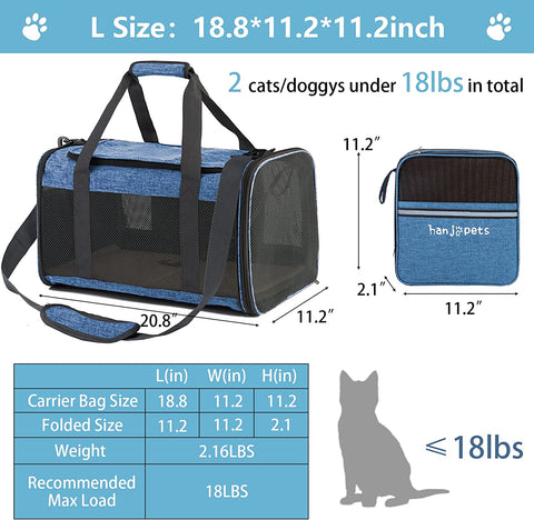 Large Cat Carrier 20Lbs - Pet Carrrier Bag - Soft Sided Breathable Mesh Pet Travel Carrier for Dogs, Portable Top Loading Big Cat Carrier for 2 Cats, Folding Dog Soft-Sided Carrier, Blue