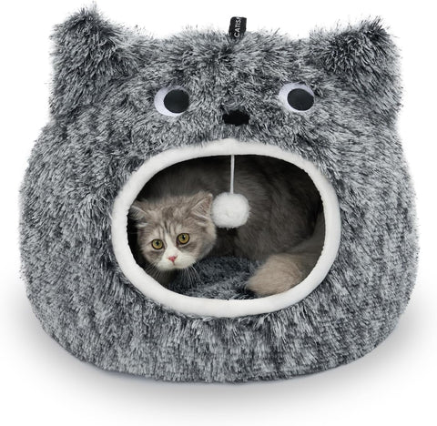 Cat Bed, Cat Beds for Indoor Cats Washable, Cute Warm Cat Cave, Large Cat & Dog Bed Cave, Cozy Plush Hooded Cat Bed with Soft Cushion, White (20 * 20 * 16 Inches)