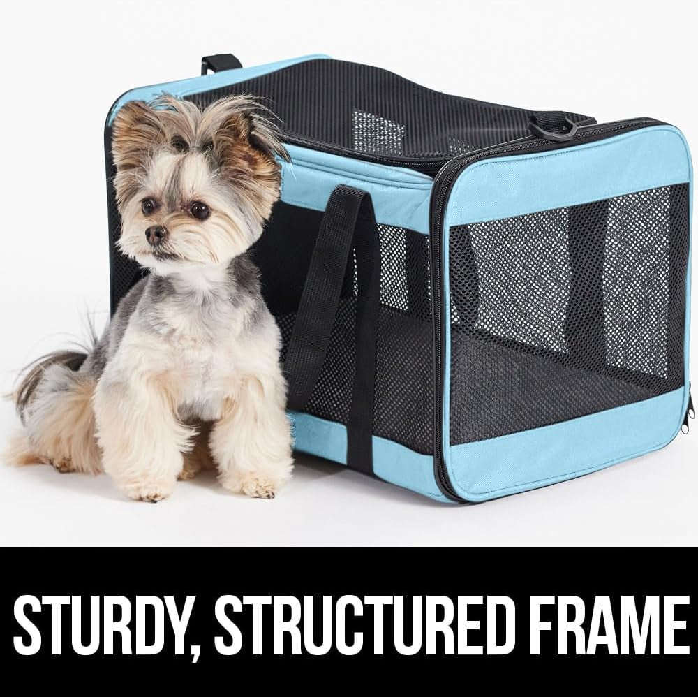 Airline Travel Cat Carrier Bag up to 15 Lbs, Breathable Mesh Collapsible Pet Carriers for Small, Medium Cats, Small Dogs, Puppies, Portable Kennel with Soft Washable Waterproof Pad Blue