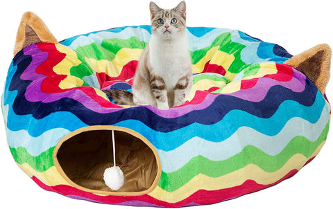 Large Cat Tunnel Bed with Plush Cover,Fluffy Toy Balls, Small Cushion and Flexible Design- 10 Inch Diameter, 3 Ft Length- Great for Cats, and Small Dogs, Gray Geometric Figure