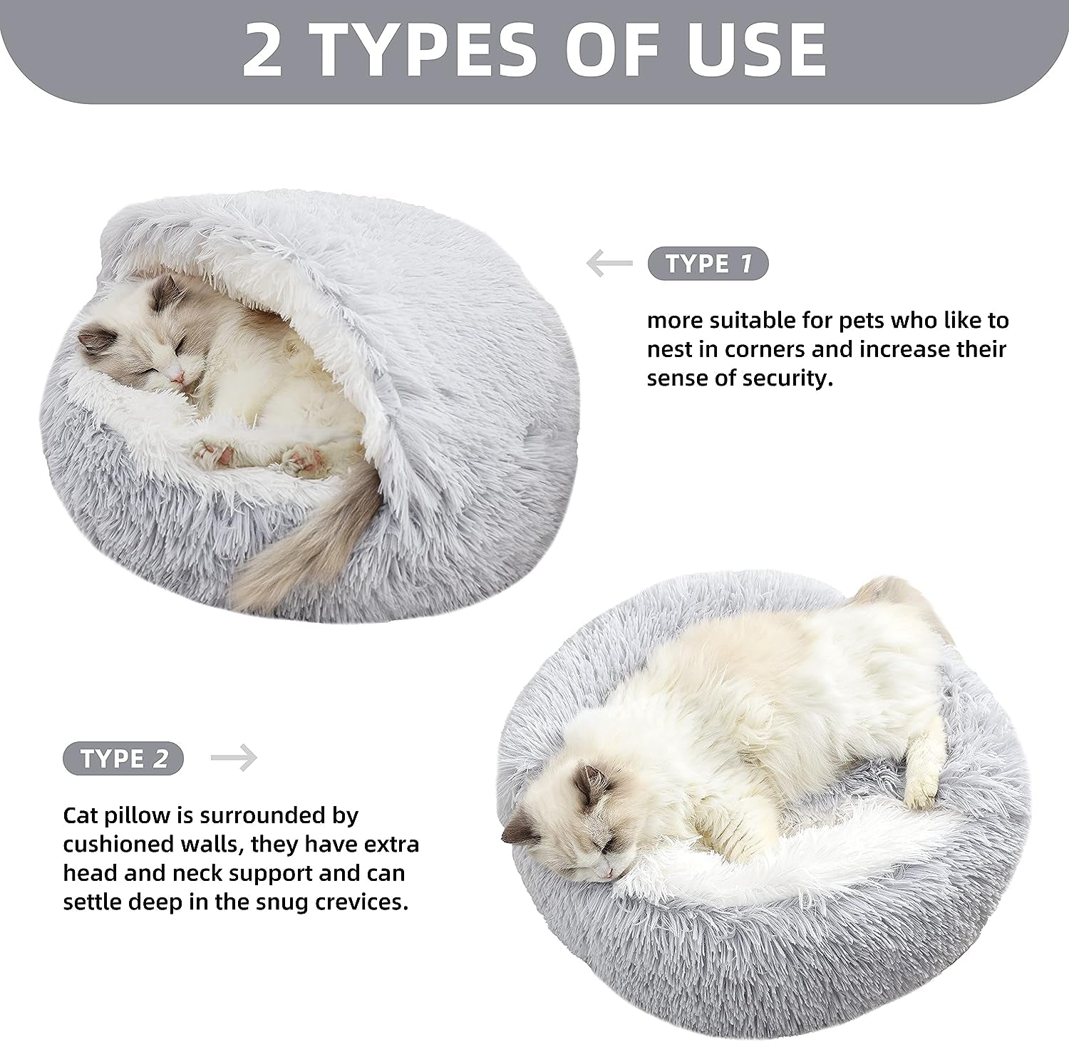 Cat Bed round Fluffy Hooded Cat Bed Cave with Non-Collapsed Plush Cover,Cat Bed Donut for Indoor Cats,Calming Dog Beds&Cat,Anti-Slip&Waterproof Bottom,Washable Bed,20Inch,Grey