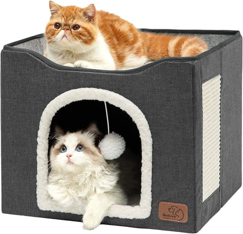 Cat Beds for Indoor Cats - Large Cat Cave for Pet Cat House with Fluffy Ball Hanging and Scratch Pad, Foldable Cat Hideaway,16.5X16.5X13 Inches, Grey