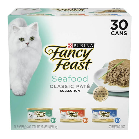 Purina  Wet Cat Food, Seafood Classic Pate Collection Grain Free Variety Pack, 3 Oz. Cans (30 Pack)