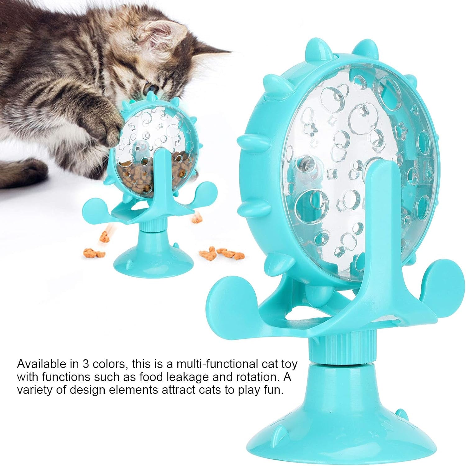 Interactive Cat Food Treats Dispenser Toy, Pet Slow Feeder Feed Training Toy Cat Windmill Toy Dog Food Dispenser, 360° Rotating Windmill Suction Cup Toys for Educational Interactive Training (Blue)