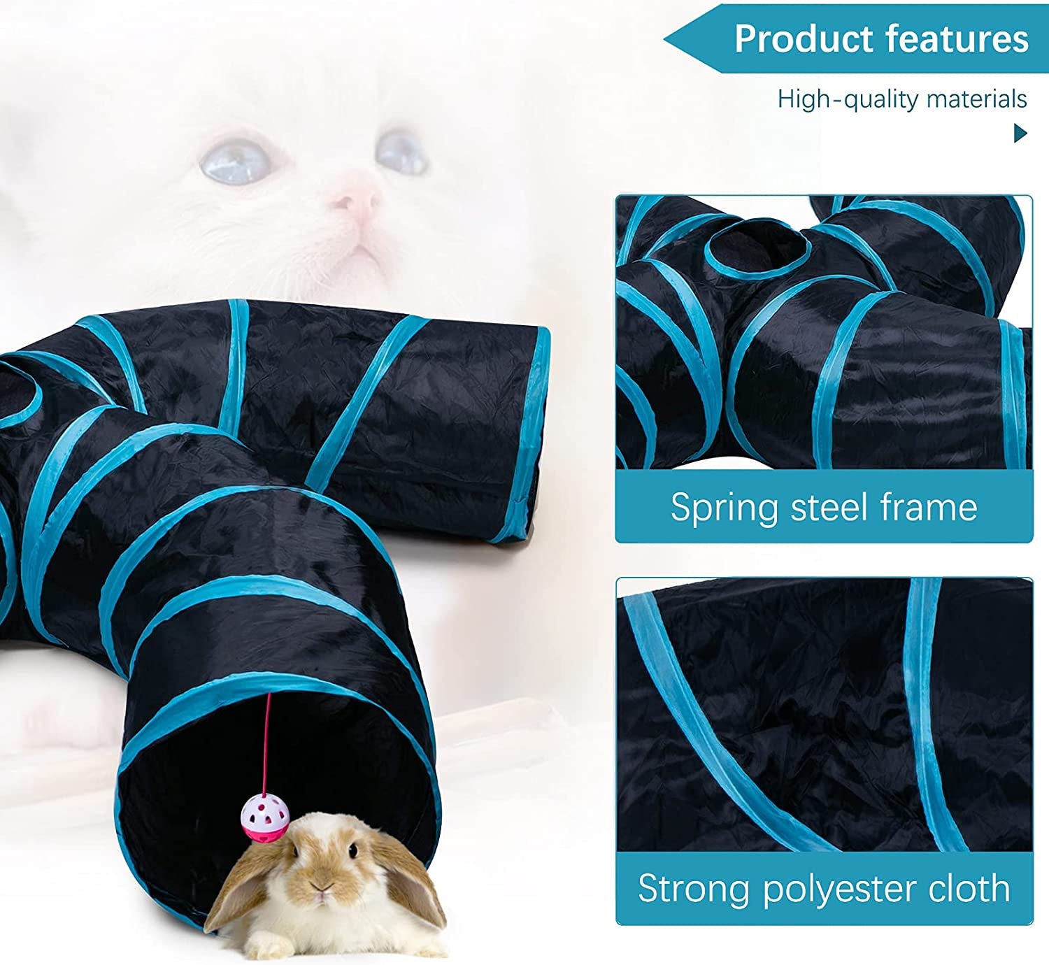 Cat Tunnel, 4 Way S Shape Collapsible Tube with Interactive Ball & Storage Bag, Pet Toys for Small Pets, Cat, Puppy, Kitty, Kitten, Rabbit (Black & Blue)