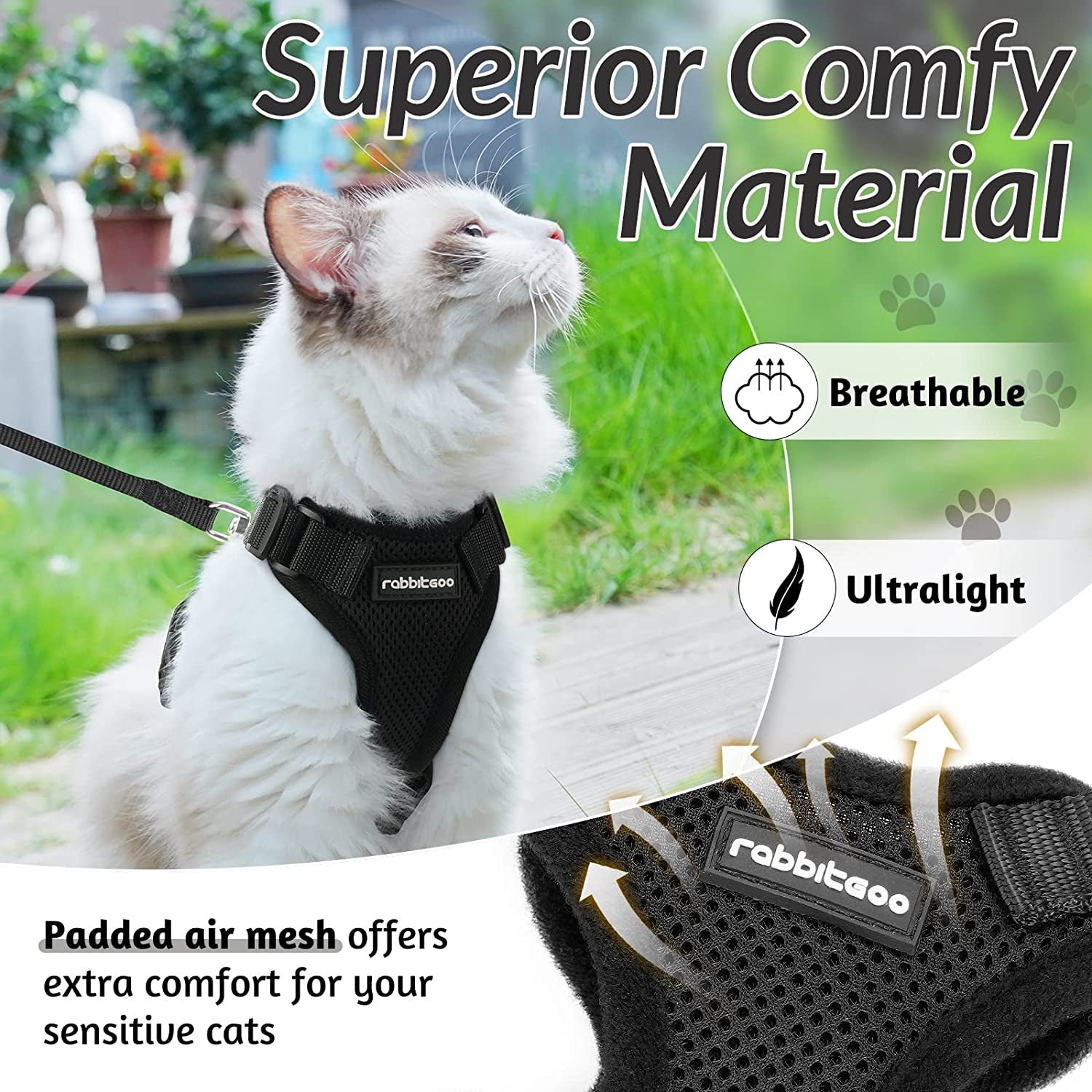 Cat Harness and Leash for Walking, Escape Proof Soft Adjustable Vest Harnesses for Cats, Easy Control Breathable Reflective Strips Jacket, Black, S