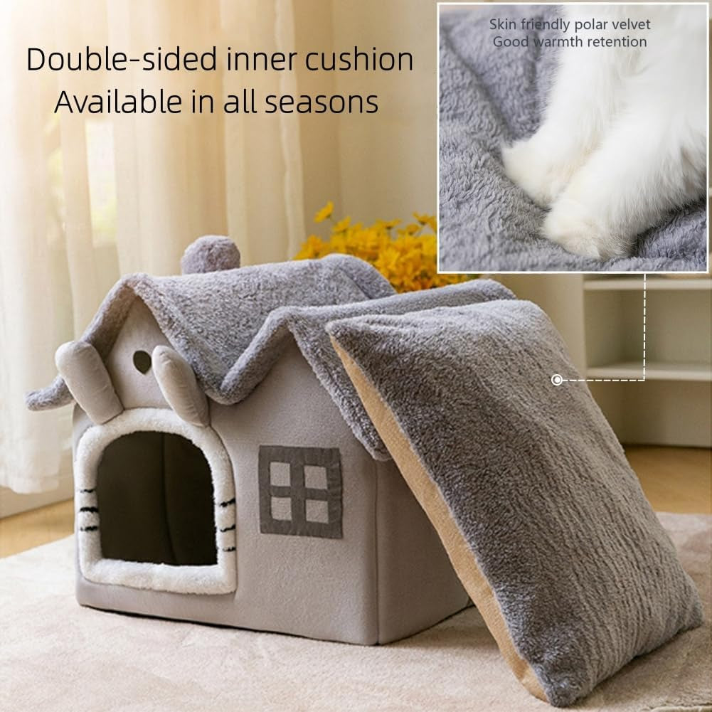 Luxury Double Roof Indoor Dog House Cat Nest,Foldable Warm Soft Kennel,26D High Elastic Memory Sponge,Removable Cushion and Non-Slip Bottom (Grey Double Roof, M)