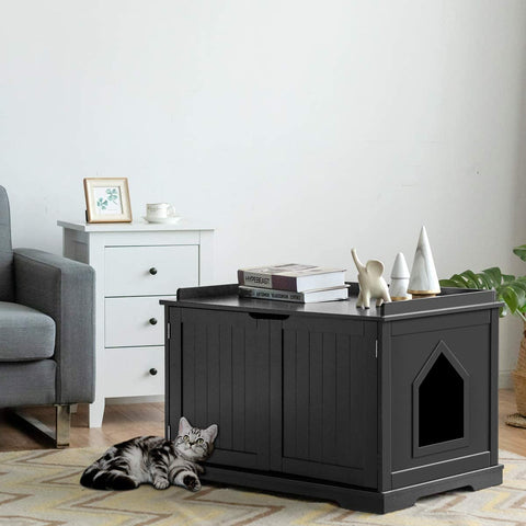 Litter Box Enclosure, Cat Litter Box Furniture Hidden, Nightstand Pet House with Double Doors, Indoor Decorative Cat Box Cabinet, Cat Washroom Storage Bench for Large Cat Kitty