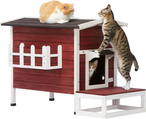 Outdoor Cat House, 2 Story outside Cat Shelter Condo Enclosure with Escape Door for Stray Feral Cats Weatherproof