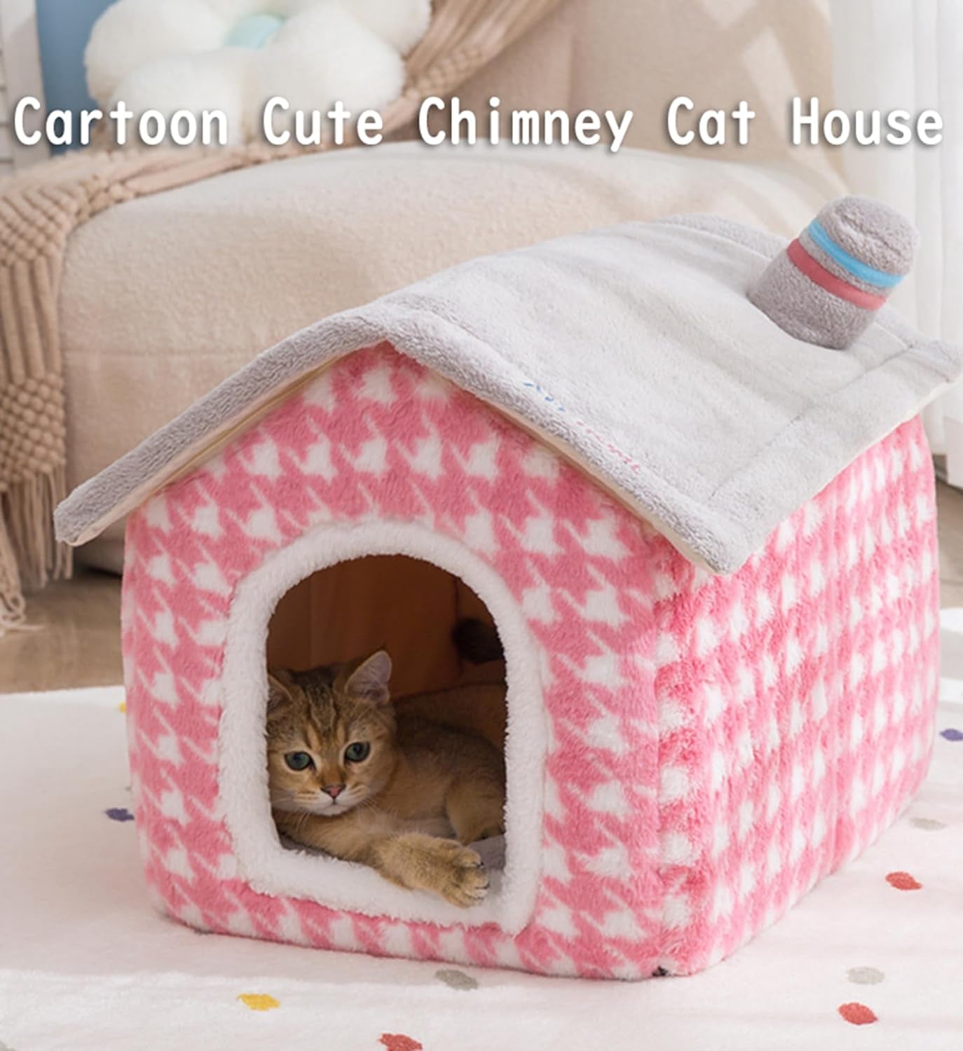 Cat House for Cats, Chimney Cat Houses for Indoor Cats, Enough Interior Space,Pet Bed for Puppy and Kitty, Extra Soft & Machine Washable with Anti-Slip, Cartoon Cute Chimney Cat House Blue L