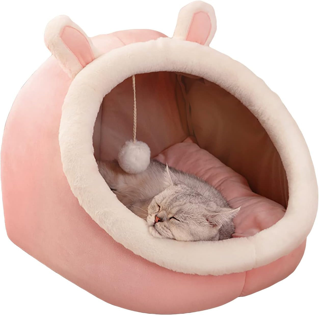 Indoor Cat Bed Cave with Removable Cushion - Pet Plush Warm Tent House Cartoon Rabbit Ear Design Pet Bed with Pompom for Cats Dogs Kitten Puppy and Rabbit Green L