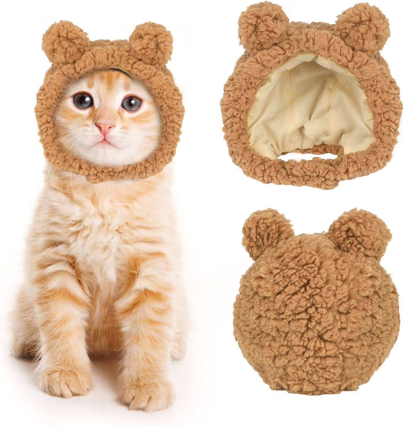 Cute Cat Costume Warm Bear Hat for Cat Adjustable Soft Small Pet Headwear Bear Hat for Cat Puppy Dog (Brown)