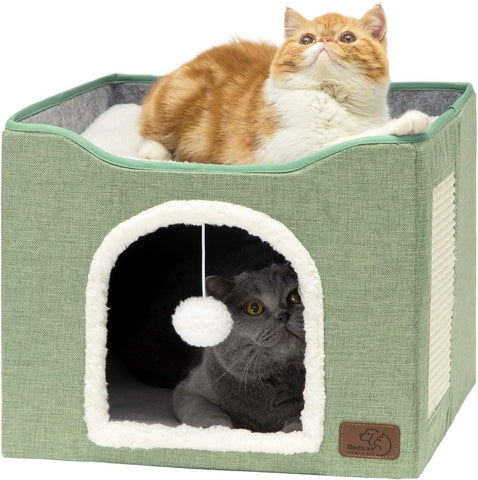 Cat Beds for Indoor Cats - Large Cat Cave for Pet Cat House with Fluffy Ball Hanging and Scratch Pad, Foldable Cat Hideaway,16.5X16.5X13 Inches, Grey