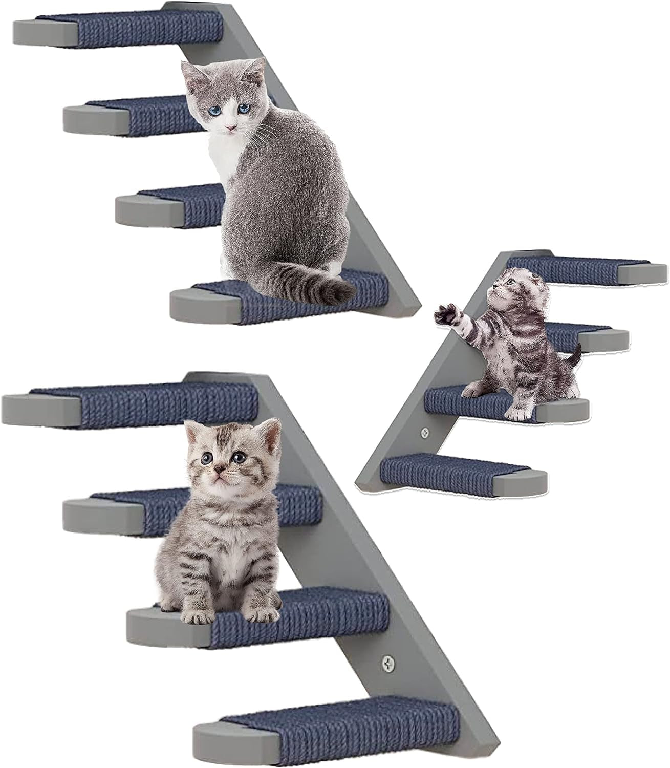 Cat Wall Steps - Solid Rubber Wood Cat Stairs Great for Scratching and Climbing - Easy to Install Wall Mounted Cat Shelves for Playful Cats (Wood, Right-Left)