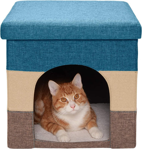 Pet House for Indoor Cats & Medium/Small Dogs, Collapsible & Foldable W/ Plush Ball Toy - Living Room Ottoman Cat Condo - Stormy Gray, Large