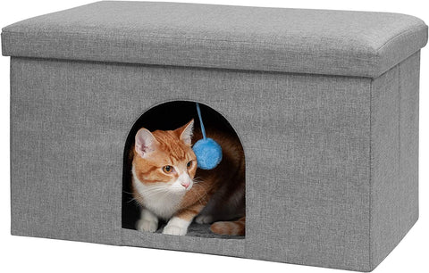 Pet House for Indoor Cats & Medium/Small Dogs, Collapsible & Foldable W/ Plush Ball Toy - Living Room Ottoman Cat Condo - Stormy Gray, Large