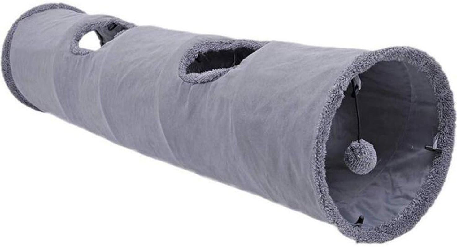 Collapsible Cat Tunnel,Durable Suede Pet Toys Play Tunnel with Ball and Hole,For Cats,Rabbits,Kittens,Puppy and Small Pets (Grey 51X12Inch)