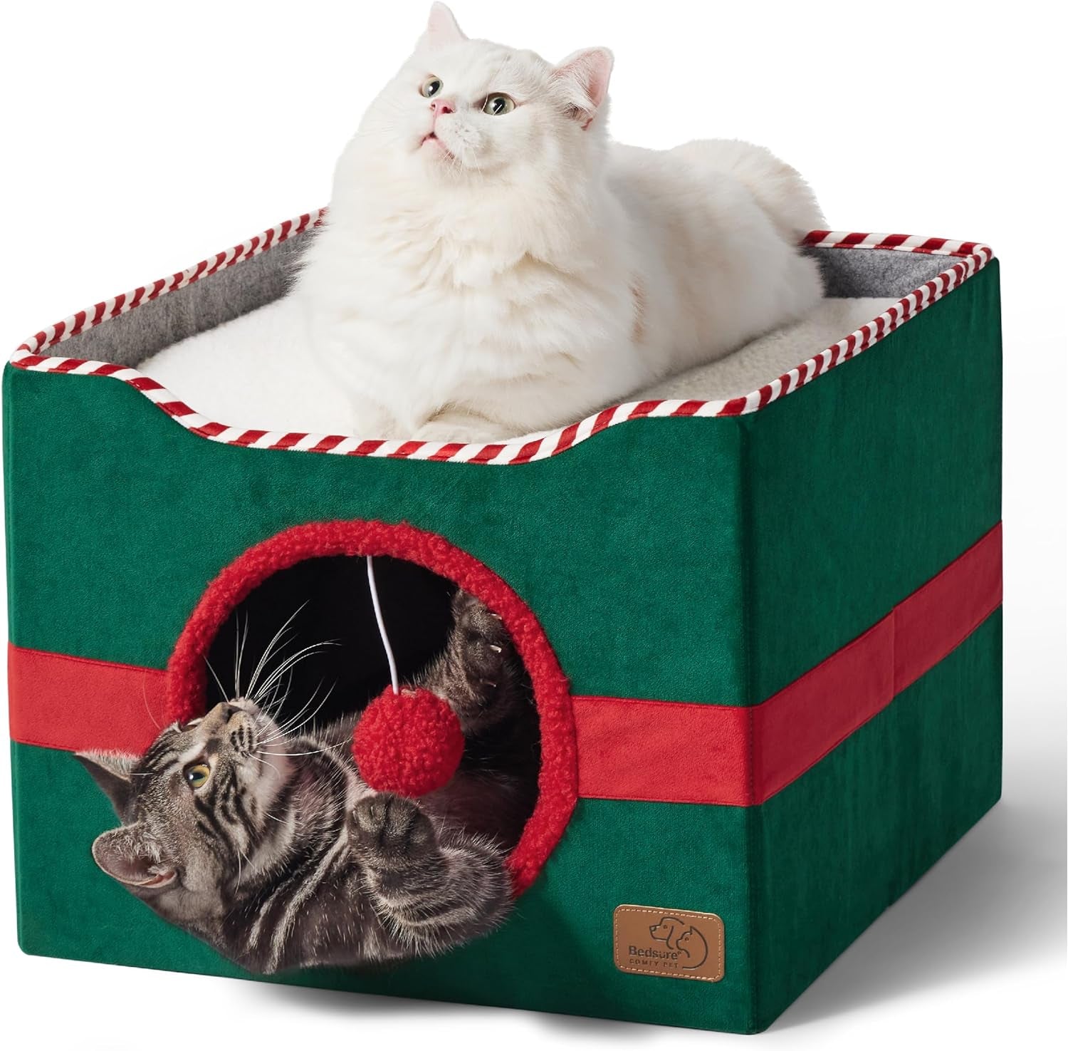 Cat Beds for Indoor Cats - Large Cat Cave for Pet Cat House with Fluffy Ball Hanging and Scratch Pad, Foldable Cat Hideaway,16.5X16.5X13 Inches, Grey