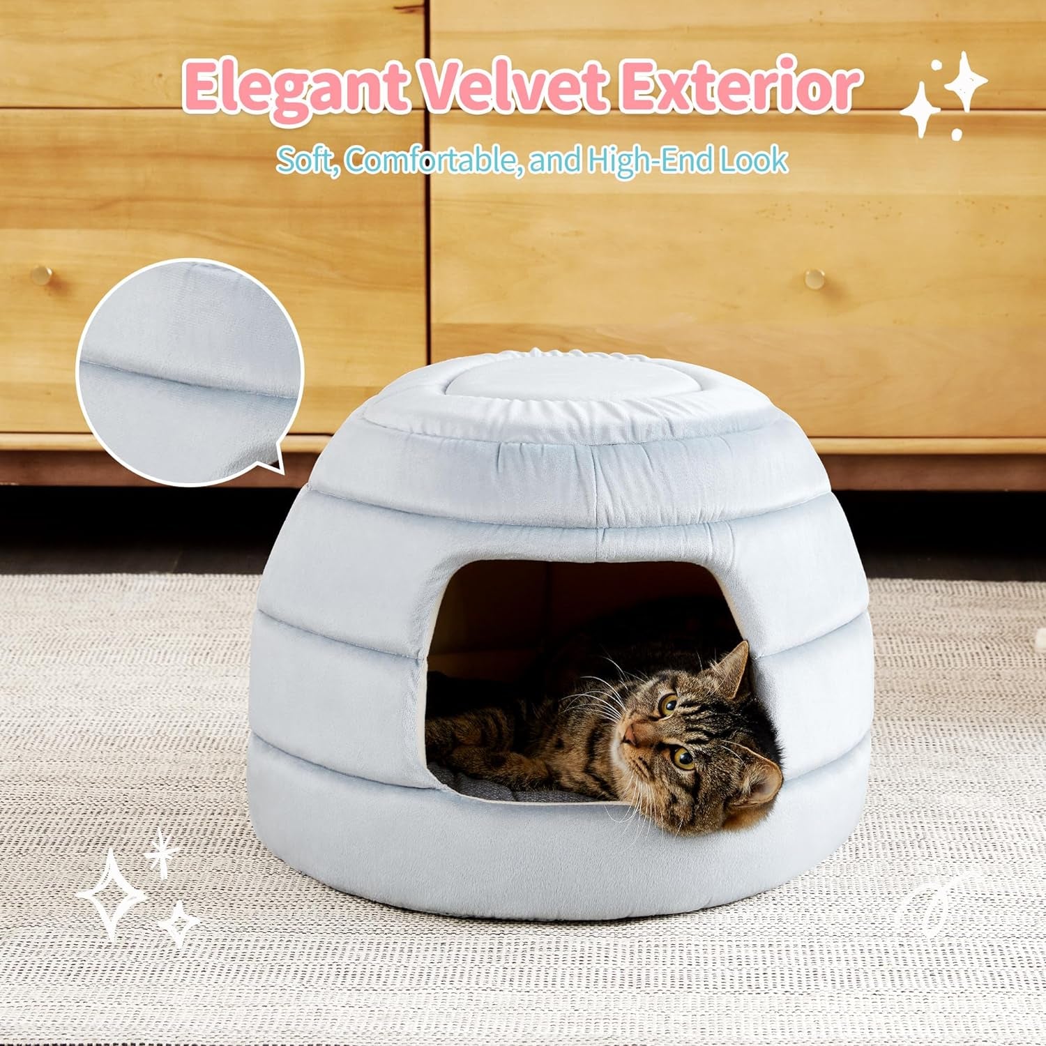 Made4Pets Cat Bed and House, 2-In-1 Foldable Cat Houses for Indoor Cats, Soft Velvet Cat Cave, Removable and Washable Cushion, Cat Condo for All-Season Comfort and Style